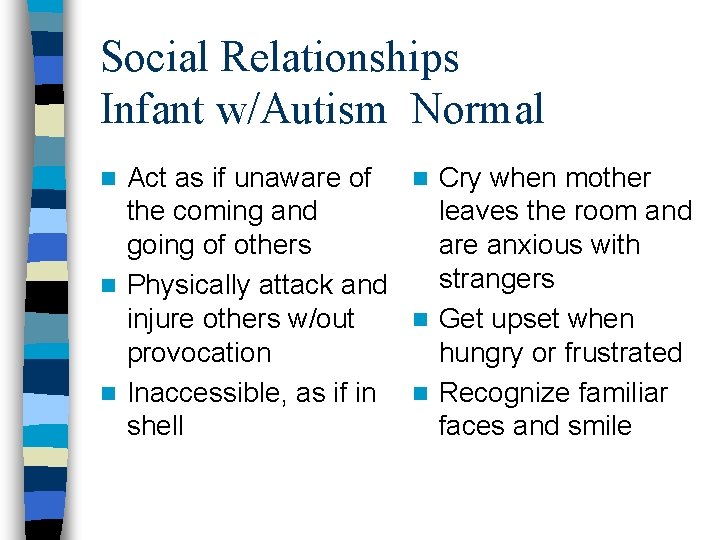 Social Relationships Infant w/Autism Normal Act as if unaware of n Cry when mother Social Relationships Infant w/Autism Normal Act as if unaware of n Cry when mother