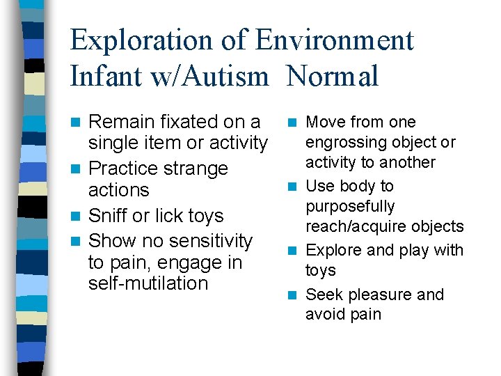 Exploration of Environment Infant w/Autism Normal Remain fixated on a single item or activity Exploration of Environment Infant w/Autism Normal Remain fixated on a single item or activity