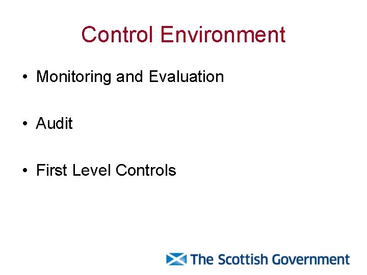 Control Environment • Monitoring and Evaluation • Audit • First Level Controls 