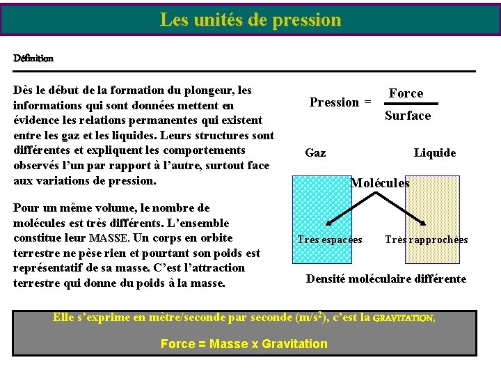 Les unités de pression Définition Dès le début de la formation du plongeur, les