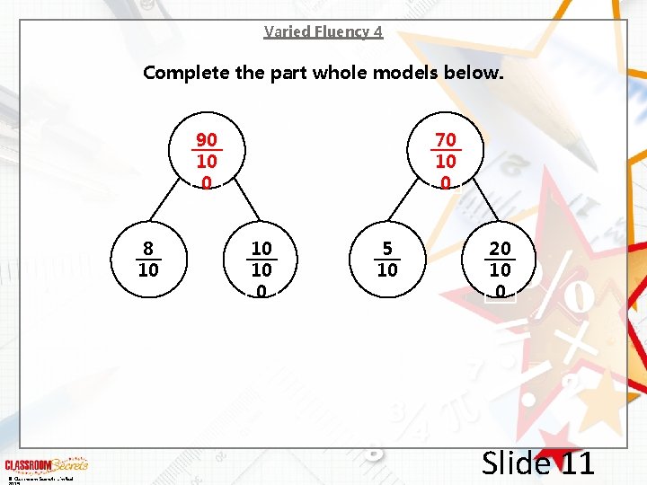 Varied Fluency 4 Complete the part whole models below. 90 10 0 8 10