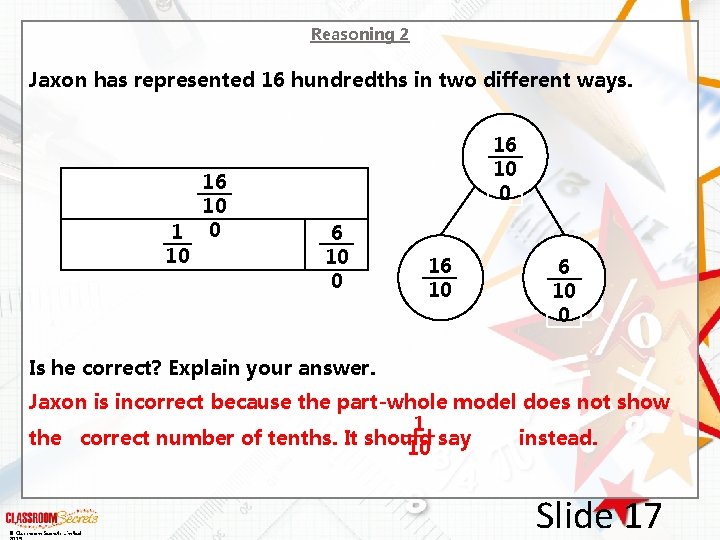 Reasoning 2 Jaxon has represented 16 hundredths in two different ways. 16 10 1