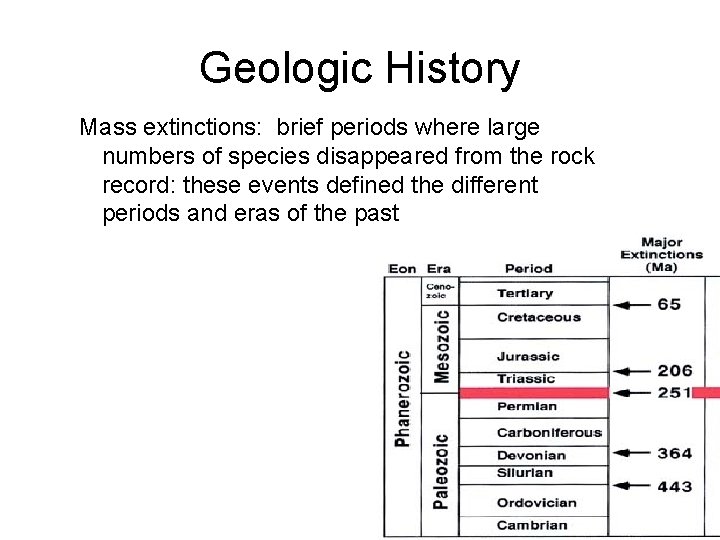 Geologic History Mass extinctions: brief periods where large numbers of species disappeared from the