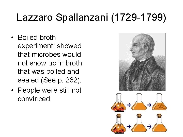 Lazzaro Spallanzani (1729 -1799) • Boiled broth experiment: showed that microbes would not show
