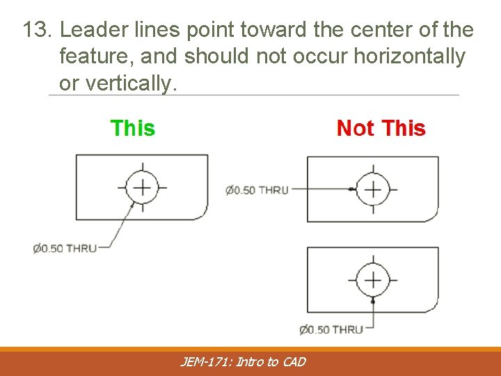 13. Leader lines point toward the center of the feature, and should not occur