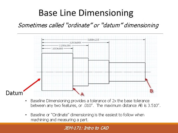 Sometimes called “ordinate” or “datum” dimensioning Datum • Baseline Dimensioning provides a tolerance of