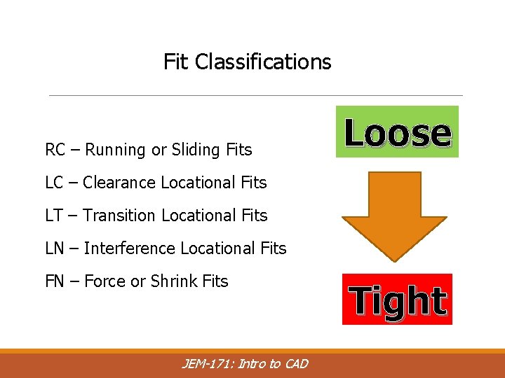 Fit Classifications RC – Running or Sliding Fits Loose LC – Clearance Locational Fits