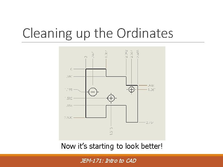 Cleaning up the Ordinates Now it’s starting to look better! JEM-171: Intro to CAD