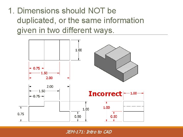 1. Dimensions should NOT be duplicated, or the same information given in two different