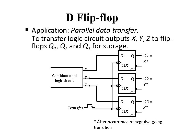 D Flip-flop § Application: Parallel data transfer. To transfer logic-circuit outputs X, Y, Z