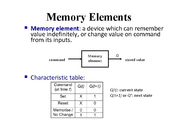 Memory Elements § Memory element: a device which can remember value indefinitely, or change