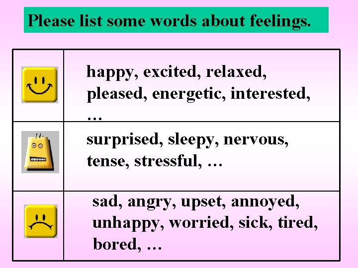 Please list some words about feelings. happy, excited, relaxed, pleased, energetic, interested, … surprised, Please list some words about feelings. happy, excited, relaxed, pleased, energetic, interested, … surprised,