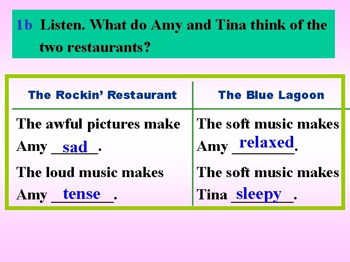 1 b Listen. What do Amy and Tina think of the two restaurants? The 1 b Listen. What do Amy and Tina think of the two restaurants? The