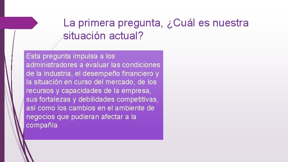 La primera pregunta, ¿Cuál es nuestra situación actual? Esta pregunta impulsa a los administradores