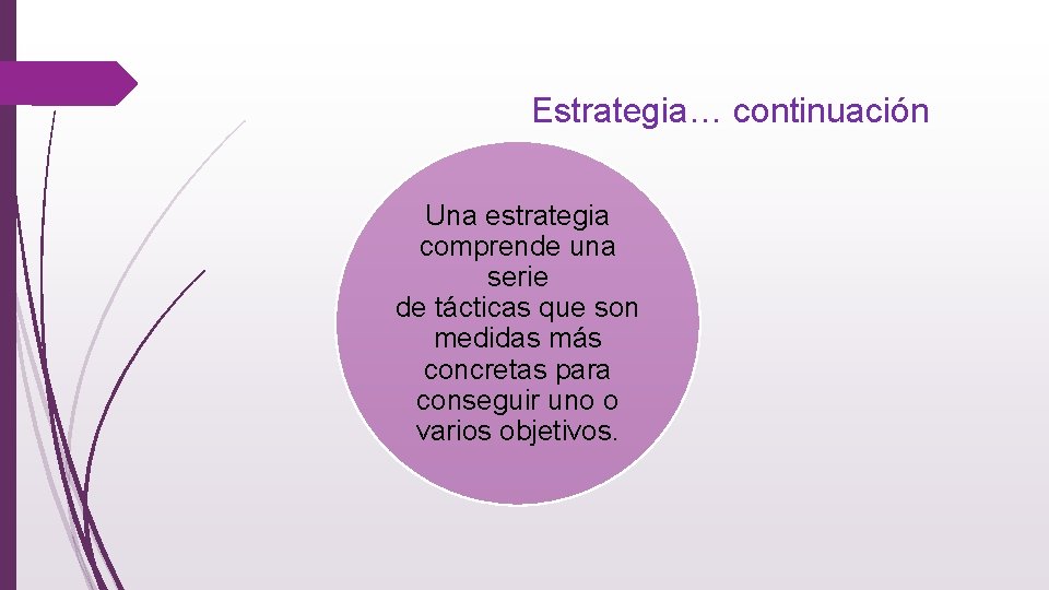 Estrategia… continuación Una estrategia comprende una serie de tácticas que son medidas más concretas