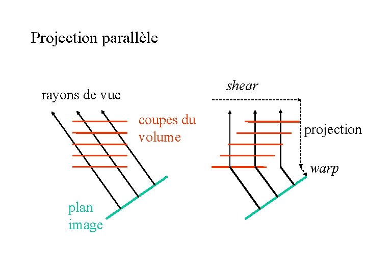 Projection parallèle shear rayons de vue coupes du volume projection warp plan image 