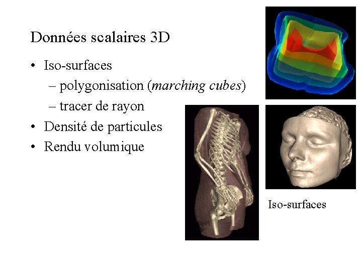 Données scalaires 3 D • Iso-surfaces – polygonisation (marching cubes) – tracer de rayon