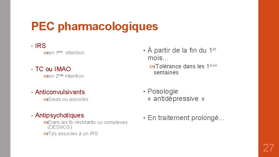 PEC pharmacologiques • IRS en 1ère intention • • Tolérance dans les 1ères semaines