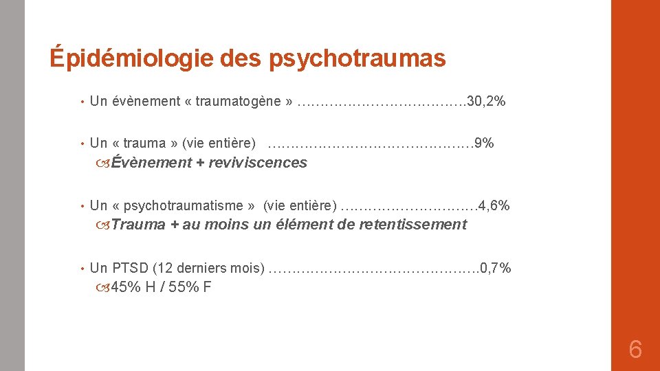 Épidémiologie des psychotraumas • Un évènement « traumatogène » ………………. 30, 2% • Un