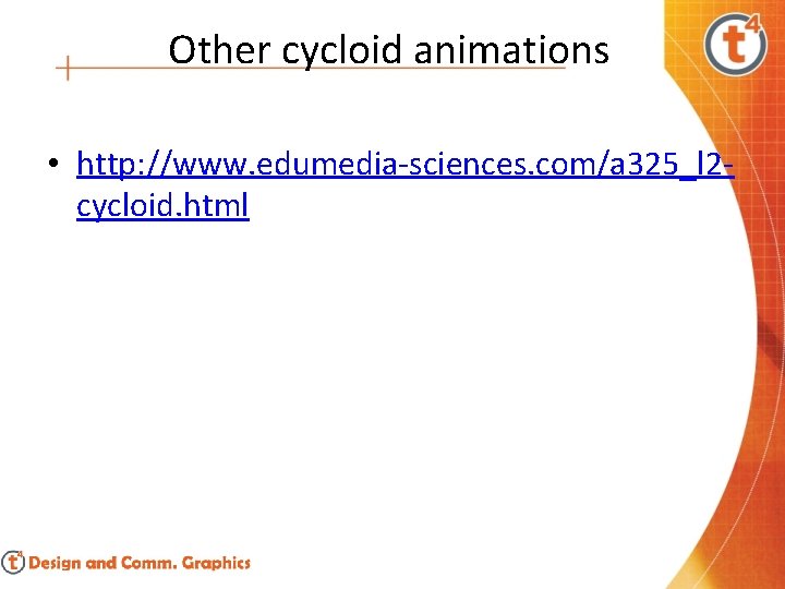 Other cycloid animations • http: //www. edumedia-sciences. com/a 325_l 2 cycloid. html 