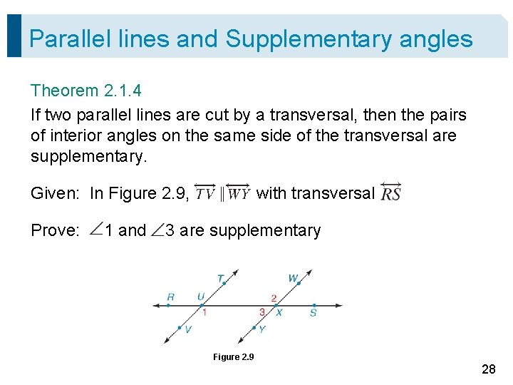 Parallel lines and Supplementary angles Theorem 2. 1. 4 If two parallel lines are