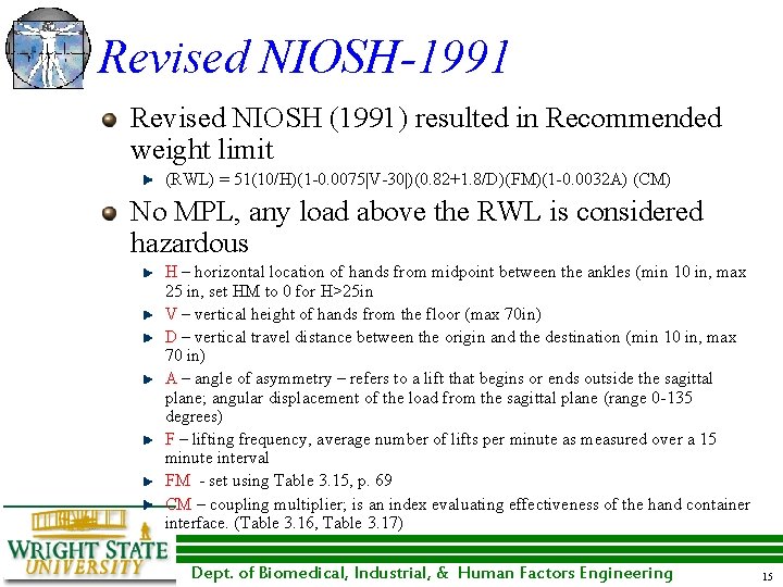 Revised NIOSH-1991 Revised NIOSH (1991) resulted in Recommended weight limit (RWL) = 51(10/H)(1 -0. Revised NIOSH-1991 Revised NIOSH (1991) resulted in Recommended weight limit (RWL) = 51(10/H)(1 -0.
