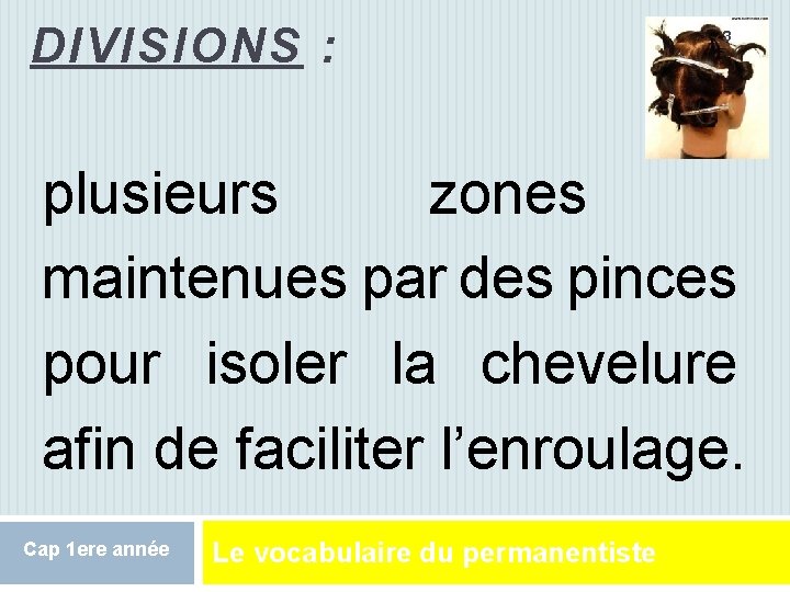 DIVISIONS : 3 plusieurs zones maintenues par des pinces pour isoler la chevelure afin