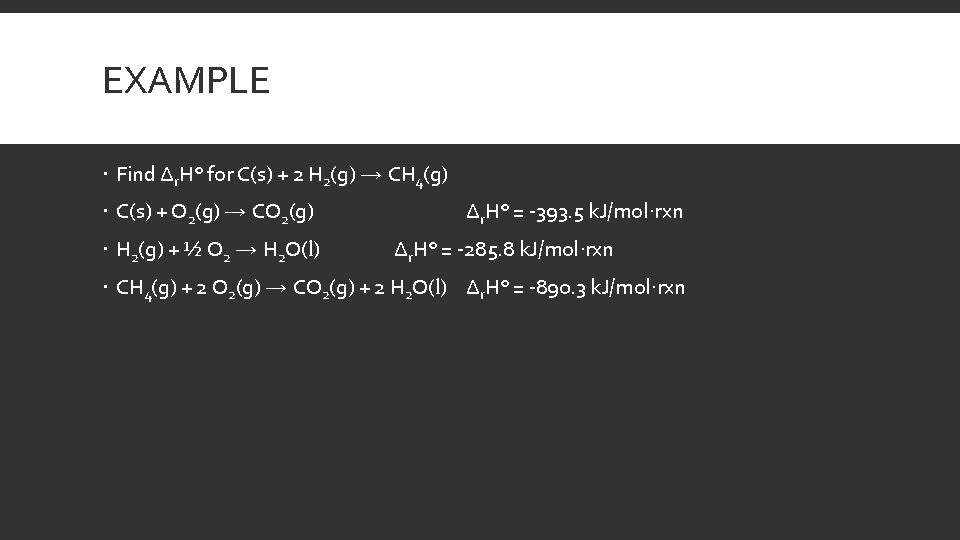 EXAMPLE Find Δr. H° for C(s) + 2 H 2(g) → CH 4(g) C(s)