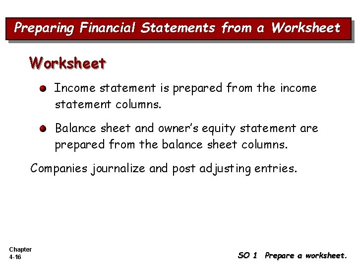 Preparing Financial Statements from a Worksheet Income statement is prepared from the income statement