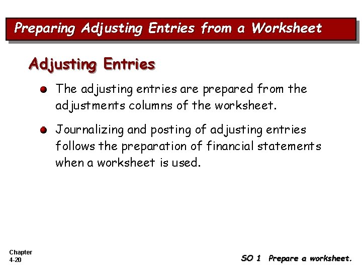 Preparing Adjusting Entries from a Worksheet Adjusting Entries The adjusting entries are prepared from