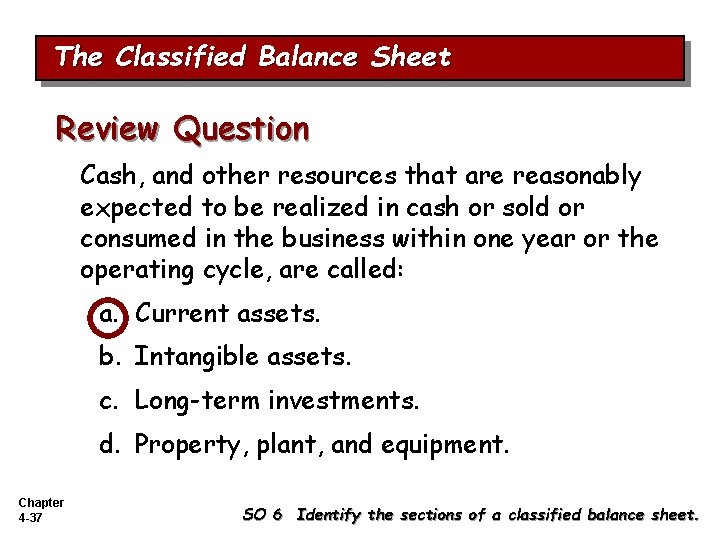 The Classified Balance Sheet Review Question Cash, and other resources that are reasonably expected