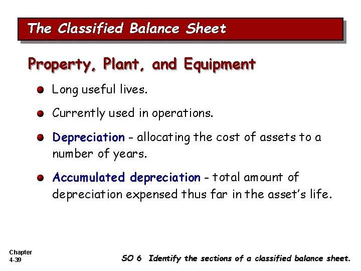 The Classified Balance Sheet Property, Plant, and Equipment Long useful lives. Currently used in