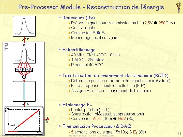 Pre-Processor Module – Reconstruction de l’énergie Receveurs (Rx) Prépare signal pour transmission au L