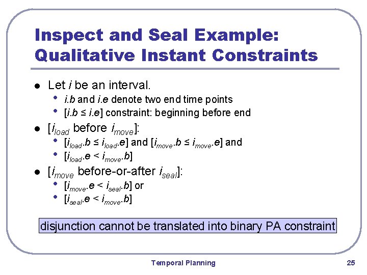 Inspect and Seal Example: Qualitative Instant Constraints l l l Let i be an