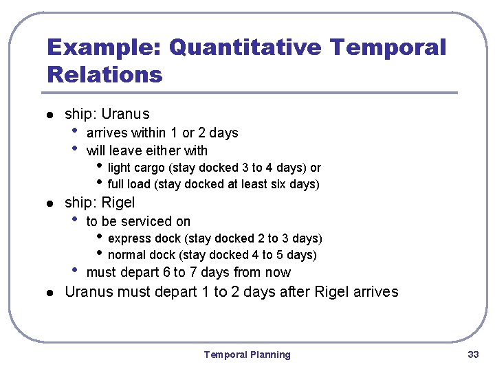 Example: Quantitative Temporal Relations l l ship: Uranus • • light cargo (stay docked