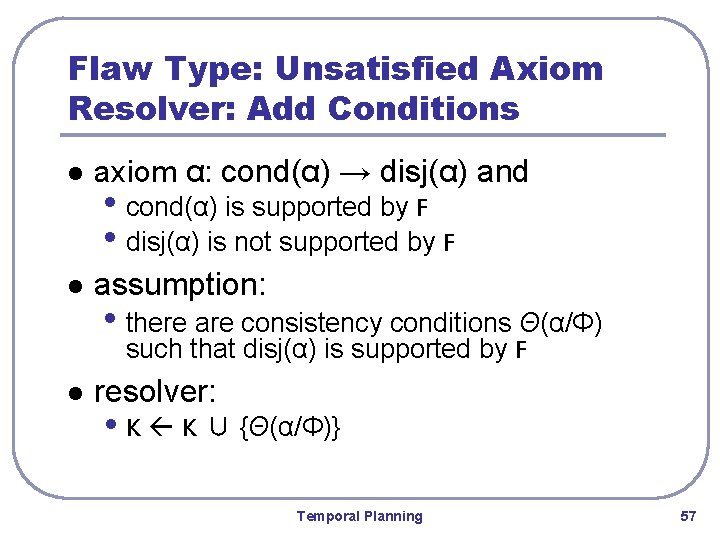 Flaw Type: Unsatisfied Axiom Resolver: Add Conditions l axiom α: cond(α) → disj(α) and