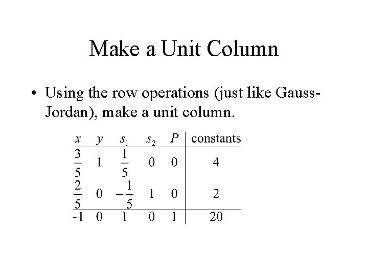 Make a Unit Column • Using the row operations (just like Gauss. Jordan), make