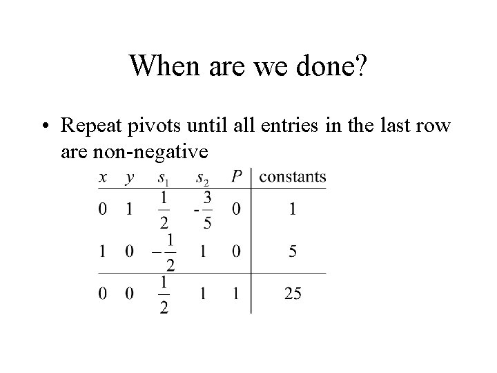 When are we done? • Repeat pivots until all entries in the last row