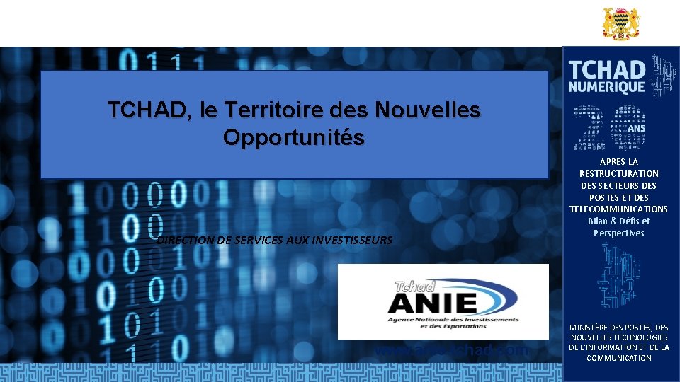 TCHAD, le Territoire des Nouvelles Opportunités DIRECTION DE SERVICES AUX INVESTISSEURS www. anie-tchad. com