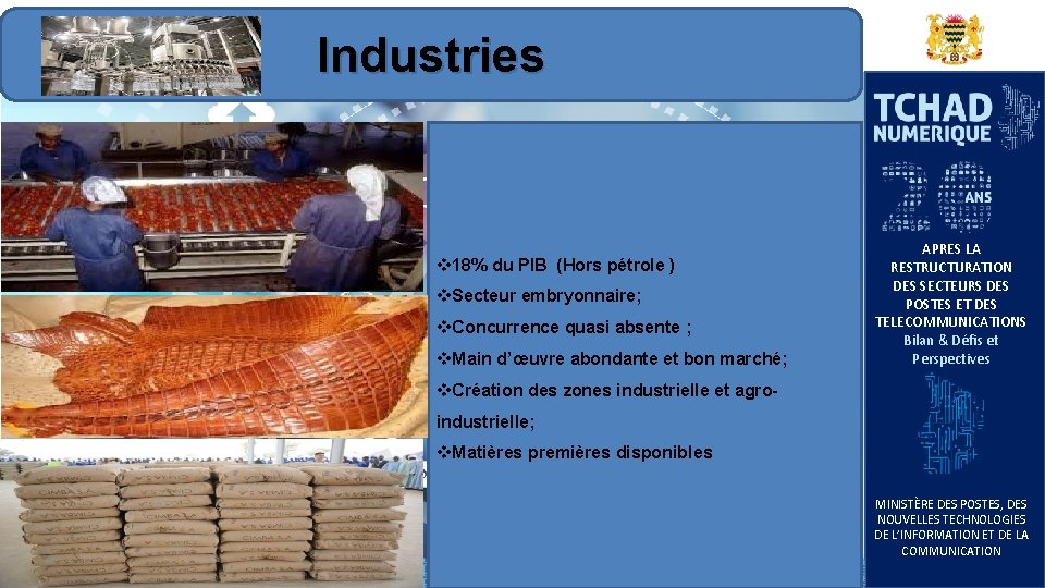 Industries v 18% du PIB (Hors pétrole ) v. Secteur embryonnaire; v. Concurrence quasi