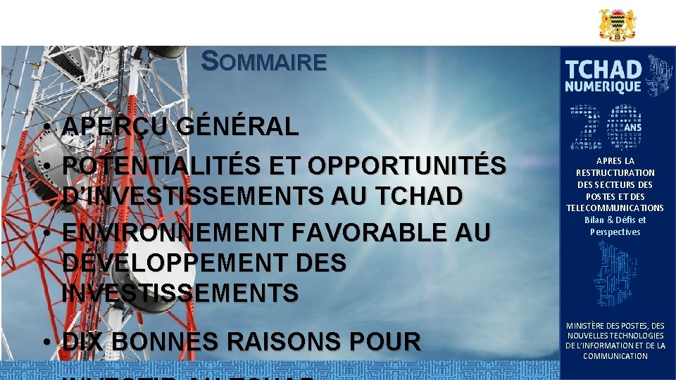 SOMMAIRE • • APERÇU GÉNÉRAL POTENTIALITÉS ET OPPORTUNITÉS D’INVESTISSEMENTS AU TCHAD • ENVIRONNEMENT FAVORABLE