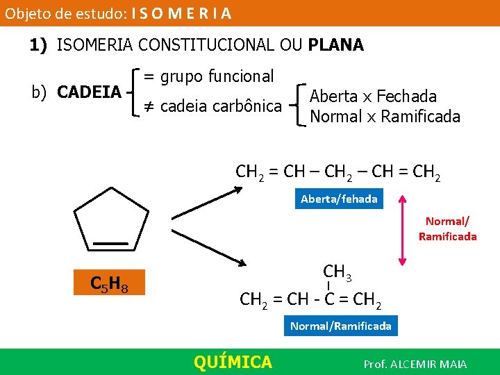 Objeto de estudo: I S O M E R I A 1) ISOMERIA CONSTITUCIONAL