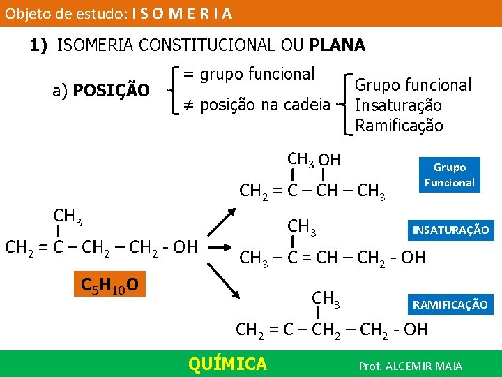 Objeto de estudo: I S O M E R I A 1) ISOMERIA CONSTITUCIONAL