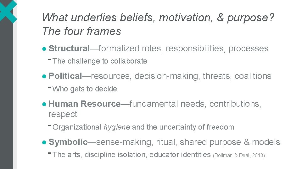 What underlies beliefs, motivation, & purpose? The four frames ● Structural—formalized roles, responsibilities, processes