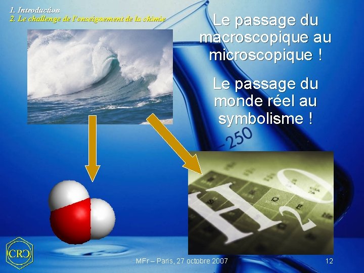 1. Introduction 2. Le challenge de l’enseignement de la chimie Le passage du macroscopique