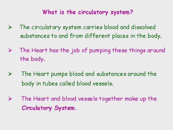 What is the circulatory system? Ø The circulatory system carries blood and dissolved substances