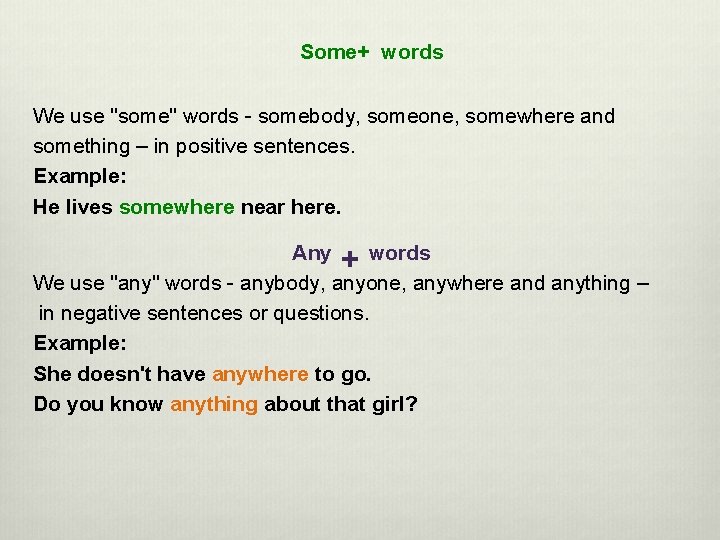 Some+ words We use "some" words - somebody, someone, somewhere and something – in Some+ words We use "some" words - somebody, someone, somewhere and something – in