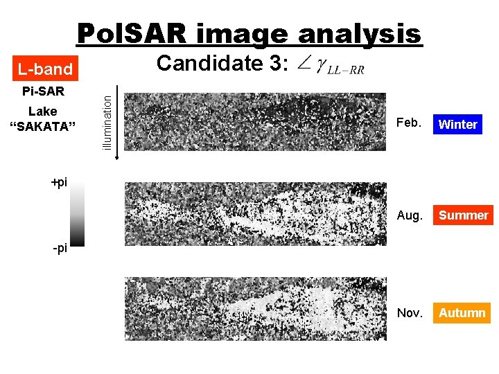 Pol. SAR image analysis Candidate 3: Pi-SAR Lake “SAKATA” illumination L-band Feb. Winter Aug.