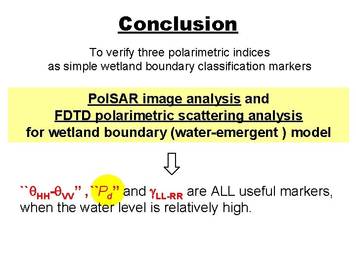 Conclusion To verify three polarimetric indices as simple wetland boundary classification markers Pol. SAR
