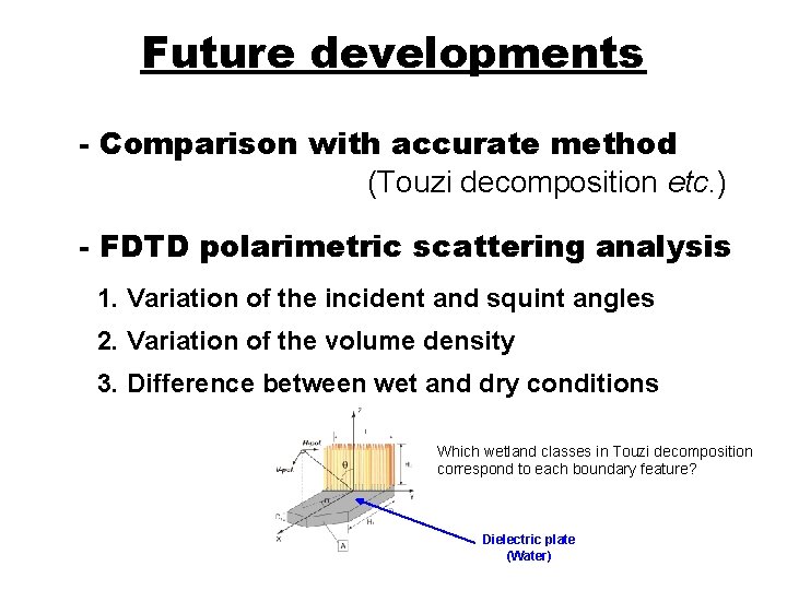 Future developments - Comparison with accurate method (Touzi decomposition etc. ) - FDTD polarimetric